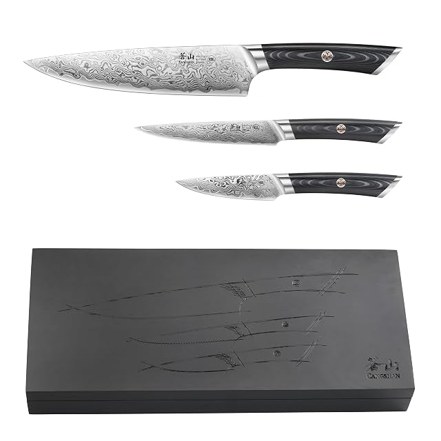 Cangshan KURO Series 3-Piece Starter Knife Set with Ash Wood Box High Carbon X-7 Damascus Steel 504319