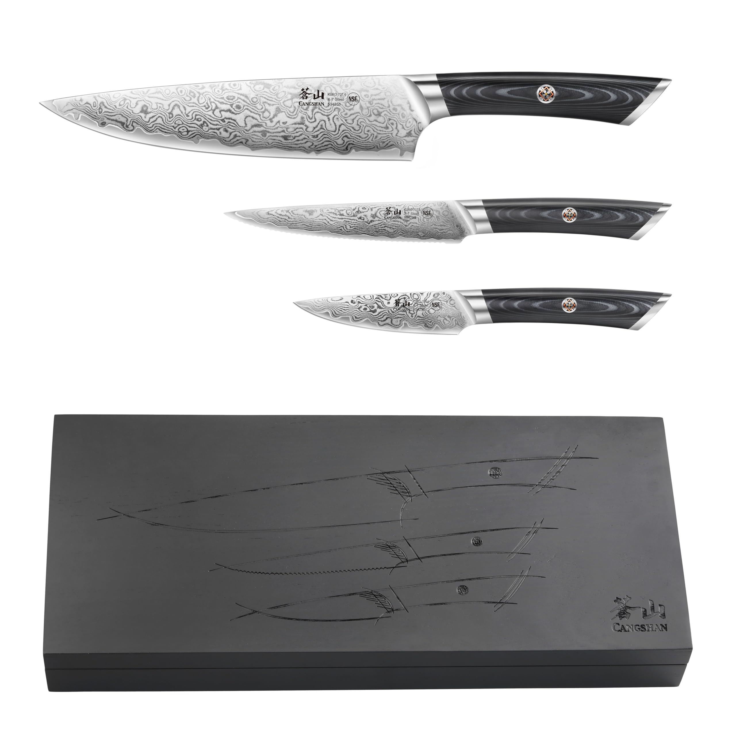 Cangshan KURO Series 3-Piece Starter Knife Set with Ash Wood Box High Carbon X-7 Damascus Steel 504319