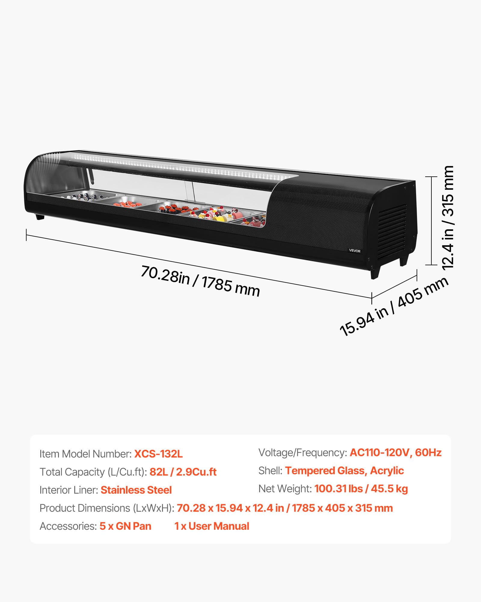 VEVOR Vetrina Refrigerata per Sushi Commerciale da 82 L, 5 Teglie con Vetro Curvo, Illuminazione a LED e Controllo Digitale della Temperatura, Frigorifero per Bancone Ristorante Negozio