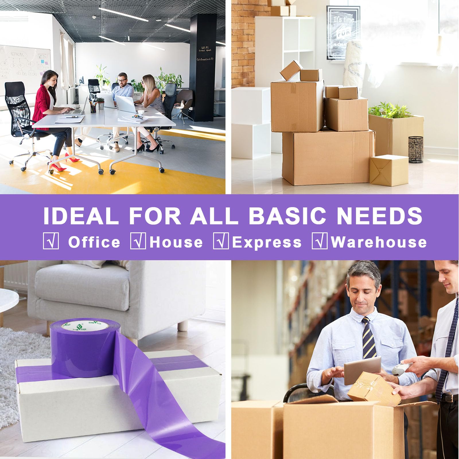 BOMEI PACK Cinta de embalaje morada de 3 pulgadas de ancho, 6 rollos de repuesto de cinta de envío de color morado para embalaje, mudanza y almacenamiento, 2.4 mil x 110 yardas, total 660 yardas