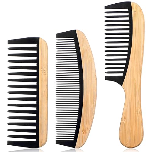 3 Pcs Bamboo Wide Tooth Comb Set, Wooden Comb for CurlyThickWet Hair Anti-Static Bamboo Combs with Bakelite Teeth Wide Tooth Combs for Women Men