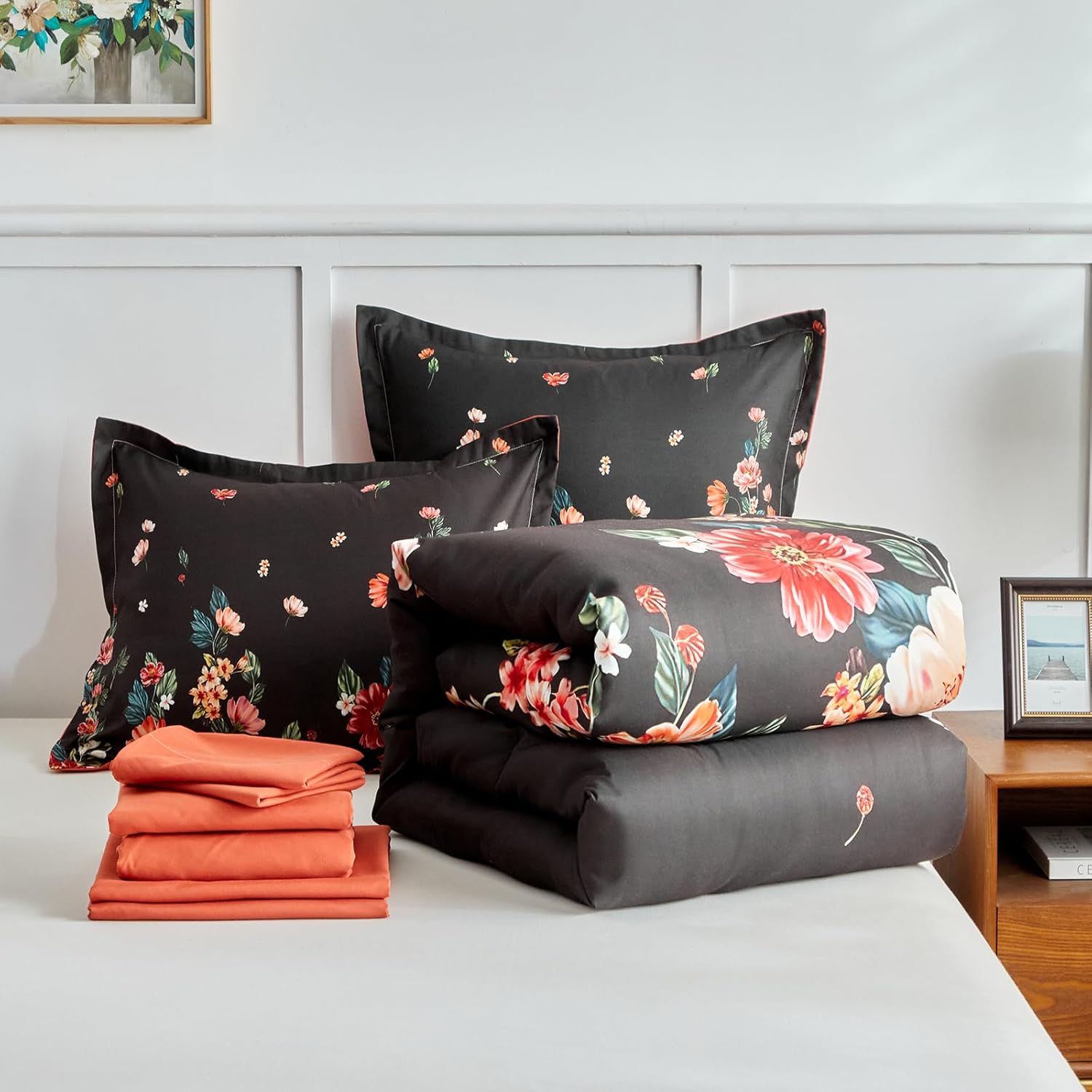 Joyreap 7 Piece Bed in a Bag King, Floral Comforter Sheet Set, Black n Orange Flowers Design, All Season Microfiber Bedding Comforter Set