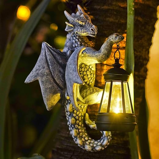 Dragon Tree Hugger with Solar Lanten - 9.3 Inch Resin Dragon Statue for Outside Garden Yard Decor,Unique Outdoor Dragon Gifts & Birthday Gifts for Mom Women Grandma
