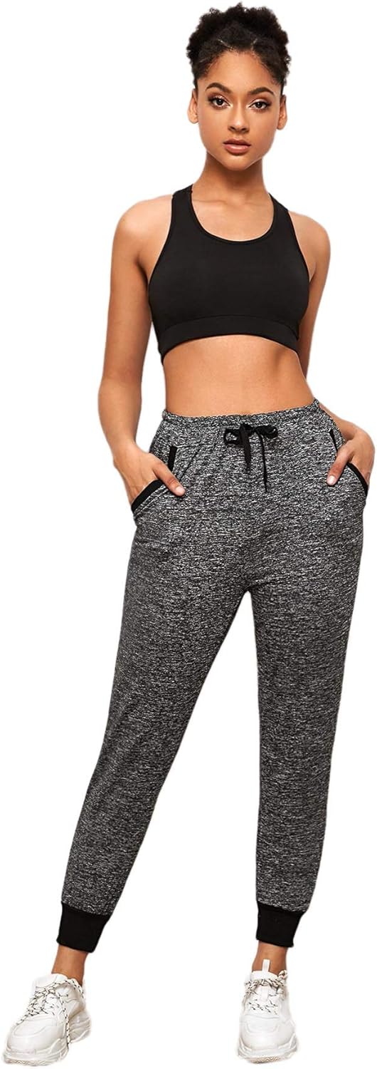 SweatyRocks Women's Causal Drawstring Waist Yoga Active Workout Long Pant with Pocket Black White S