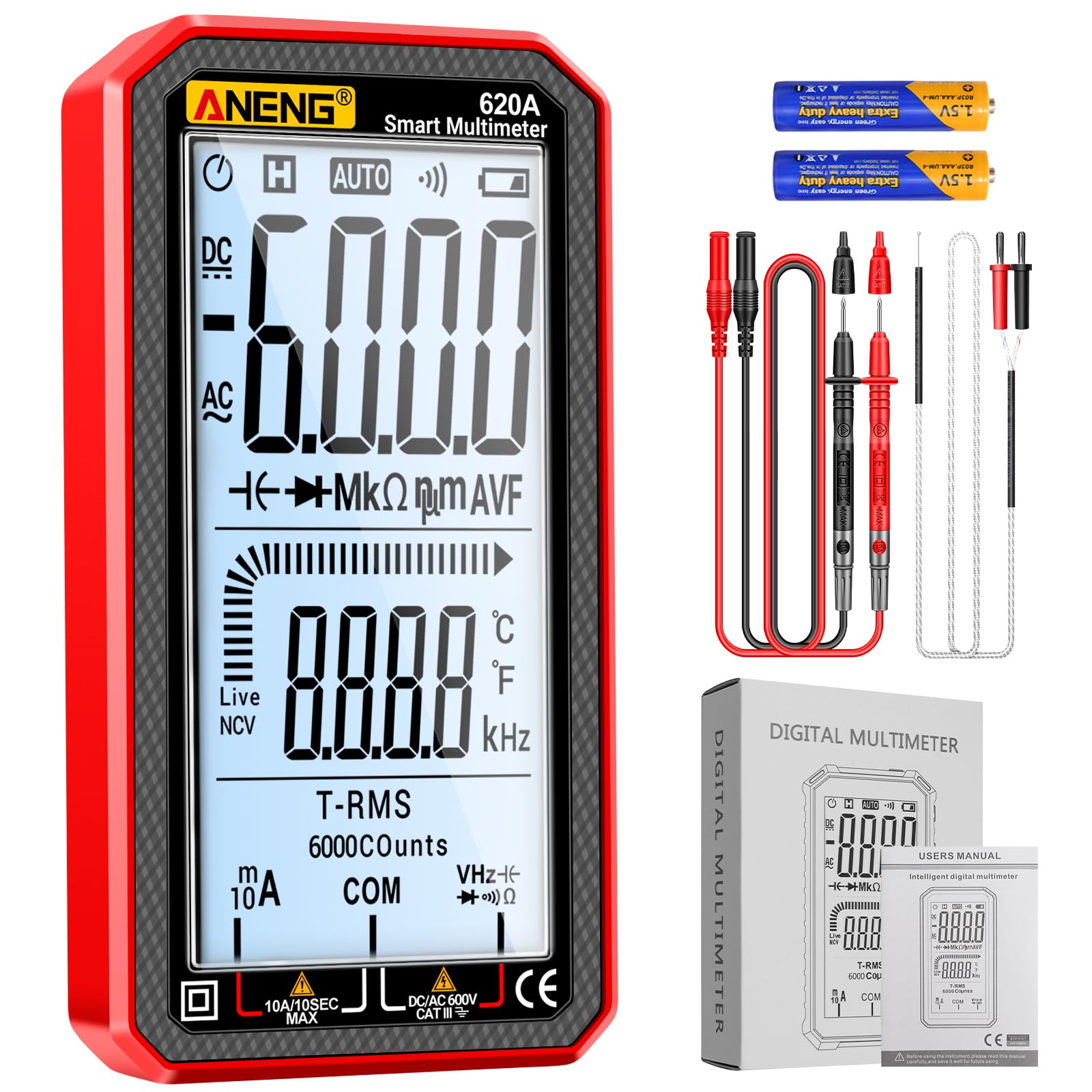 620A Red 6000 Counts Smart Digital Multimeter with Auto Ranging Voltmeter Measuring Voltage, Current, Resistance, Continuity, Capacitance, Temperature and Frequency-image-26