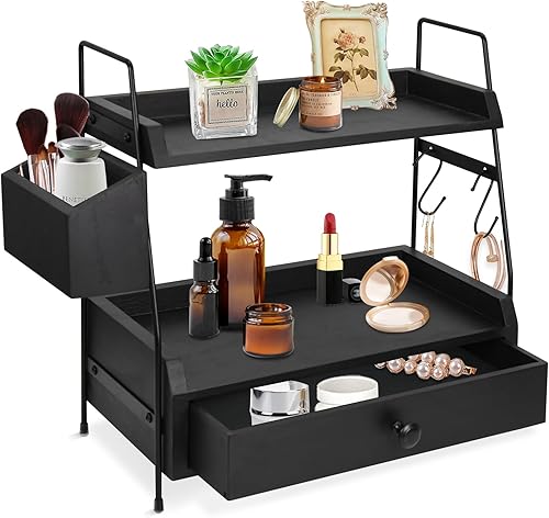 Miniatura 6 de Accesorios de barra de café y organizador de encimera, organizador de estación de café, estante de mostrador de 2 niveles con cajón, soporte para