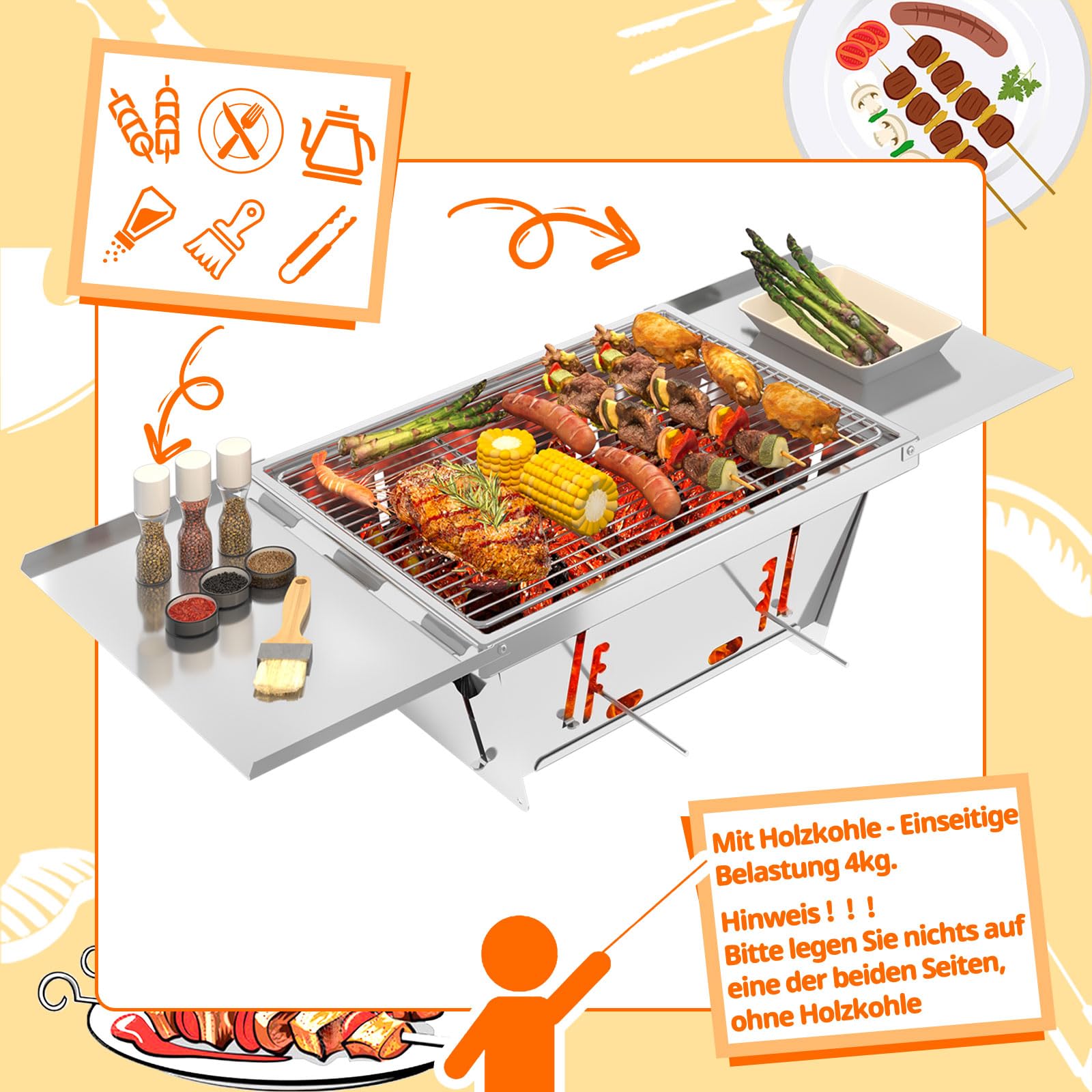 Dripex Klappgrill Holzkohlegrill - Schnell Aufklappbarer Tragbarer Campinggrill aus Edelstahl mit Tragetasche & Zubehör, Hitzebeständig & Formstabil für Camping, Picknick, Wandern, Garten (65x25x14cm)