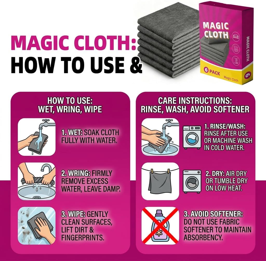 Genie Cloth Magic Cloth, Genie Magic Cleaning Cloth 6 Pack