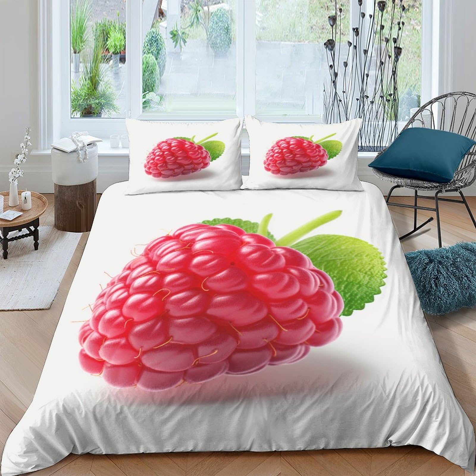 Ensemble de literie framboises microfbre housse de couette double 200x200cm avec 2 taies