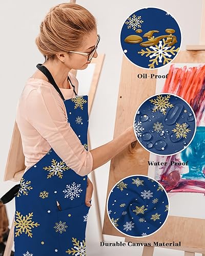 Miniatura 4 de Navy Blue Christmas Snowflake Bib Aprons with Pockets Waterproof, Adjustable Apron for Men Women Yellow White Xmas Winter Snowflake