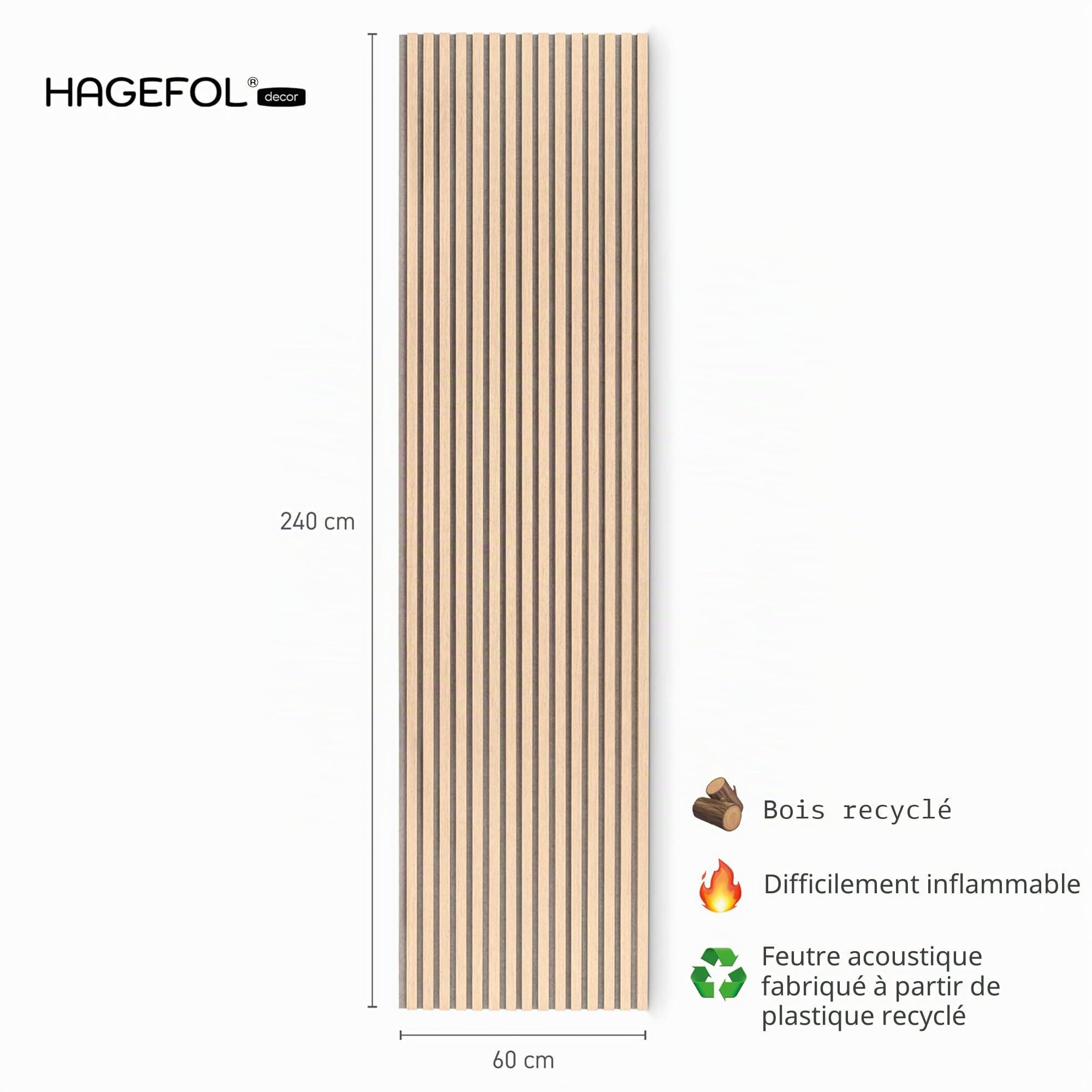 HAGEFOL Panneaux acoustiques en bois - 240 x 60 cm - Couleur : chêne, feutre : beige - Panneaux muraux en bois - Paroi à lamelles 3D en placage de bois sur feutre acoustique - 2400 x 600 mm