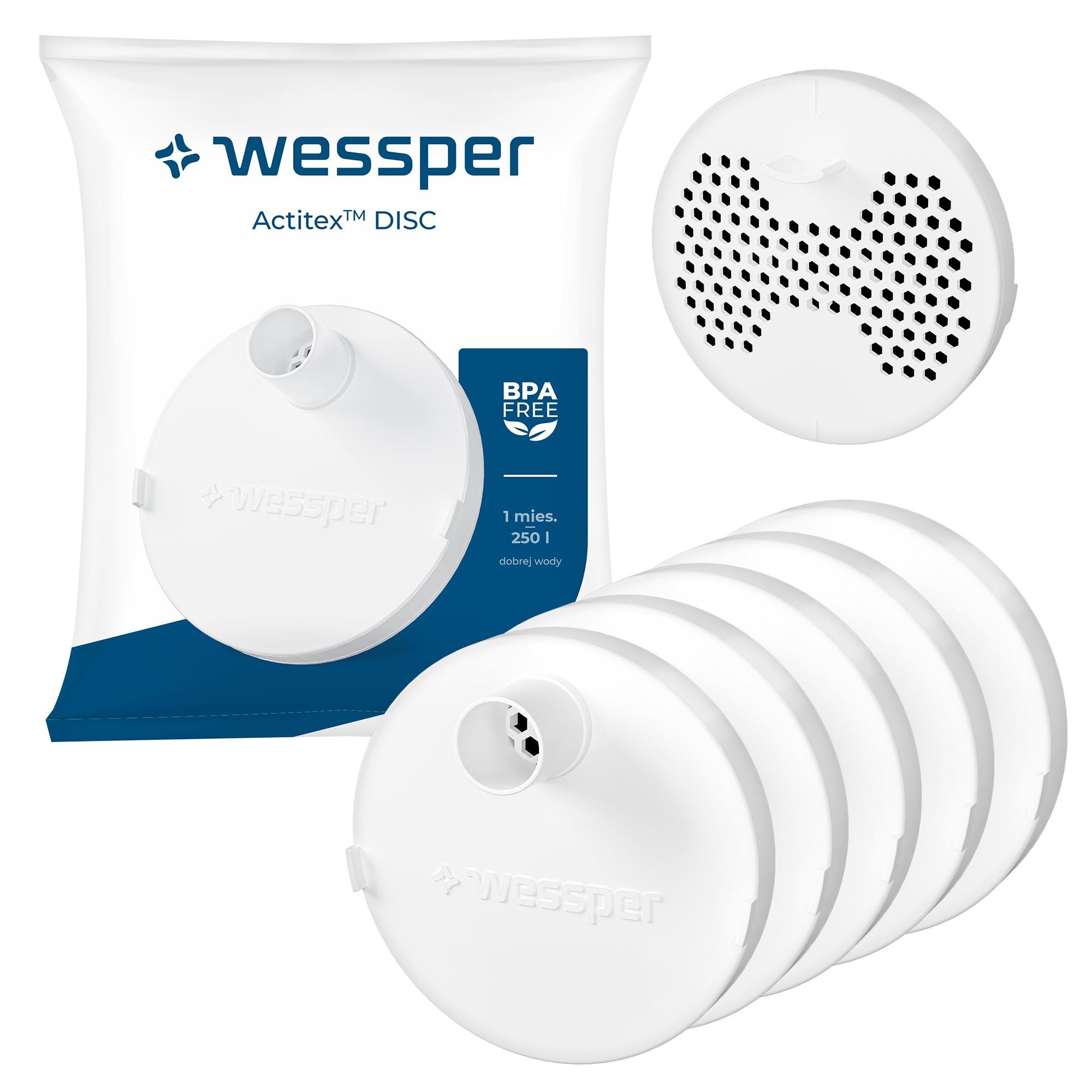 Wessper Pack de 5 filtres à eau ActitexTM DISC ronds à charbon actif pour bouteille d'eau 1L, Bouchon de filtre pour bouteille d'eau à charbon actif 1L, Jusqu'à 250L d'eau ou 1 mois