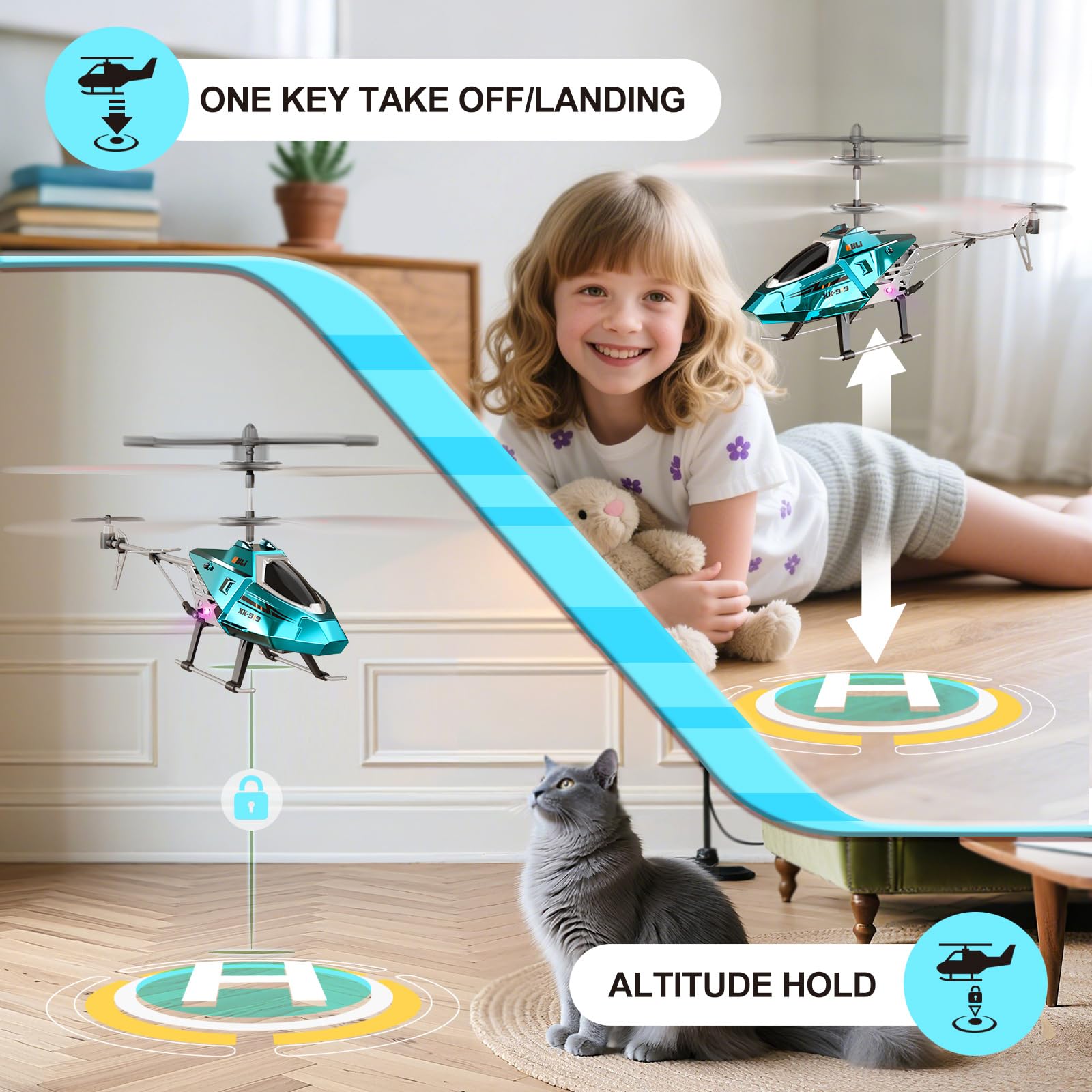 XIKOTEC Helicóptero Teledirigido para Niños, RC Helicóptero con 2 Baterías, Mantenimiento de Altitud, Luz LED y 3 Carcasas Metálicas Intercambiables, Avión Teledirigido 2.4GHz para Principiantes