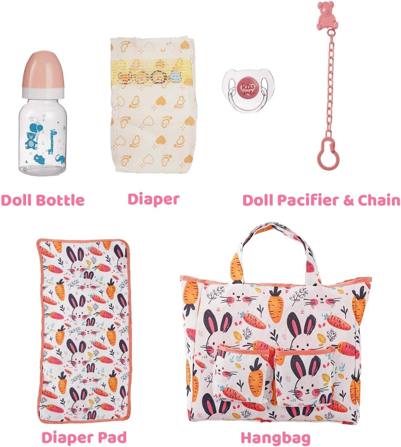 BABESIDE 7 Pcs Reborn Doll Accessories Set for 17-22 Inch Dolls, Feeding and Care Set, Including Diaper Bag, Great for Children's Pretend Play (Dolls not Included)