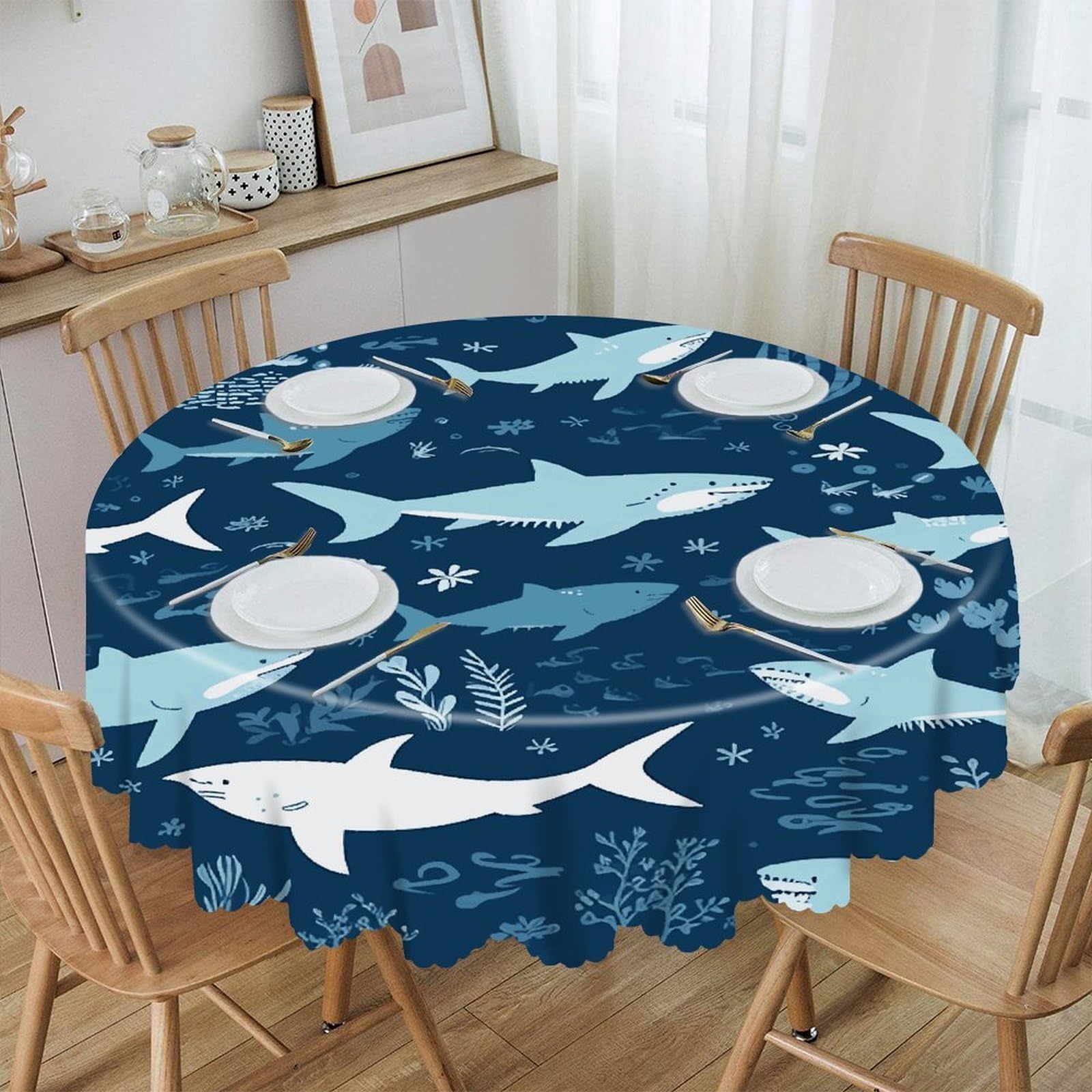 FekiLoot Sharks Round Tablecloths 60 Inch Resistant Washable Polyester Table Cloth Style Decorative Circle Fabric Table Cover for Dining Kitchen Party Farmhouse Outdoor