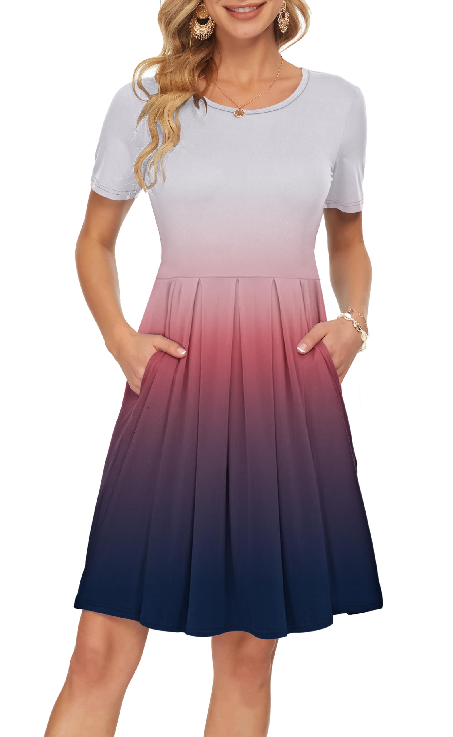 AUSELILY Women's Short Sleeve Pleated Swing Summer Dress with Pockets