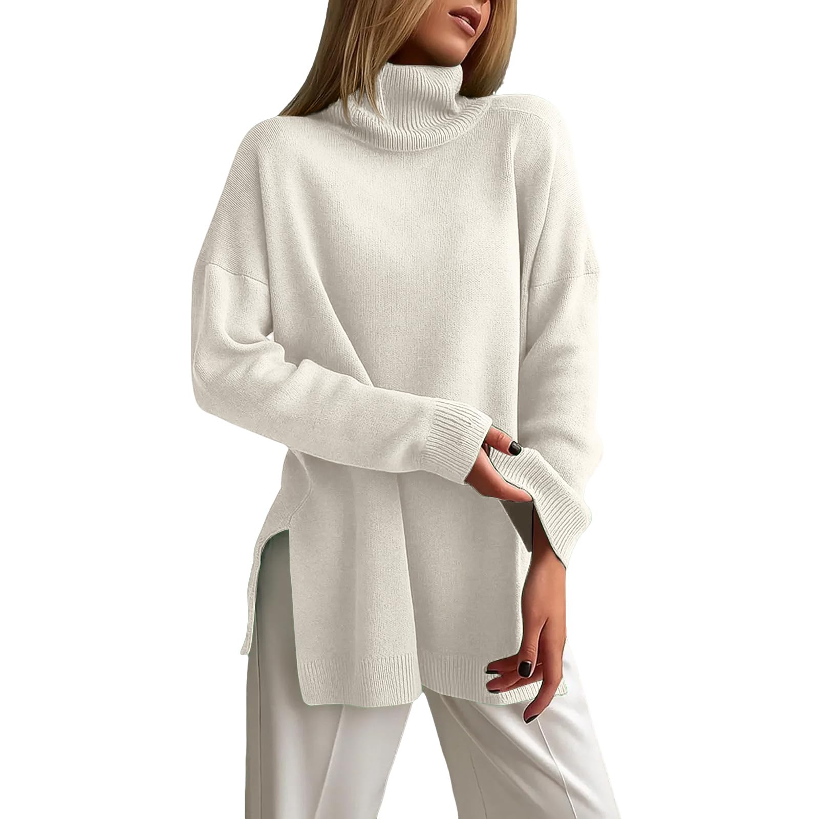 Sweaters for Women Turtleneck Long Sleeve Casaul Tunic Sweater Plain Side Slit Soft Loose Oversized Pullover Tops
