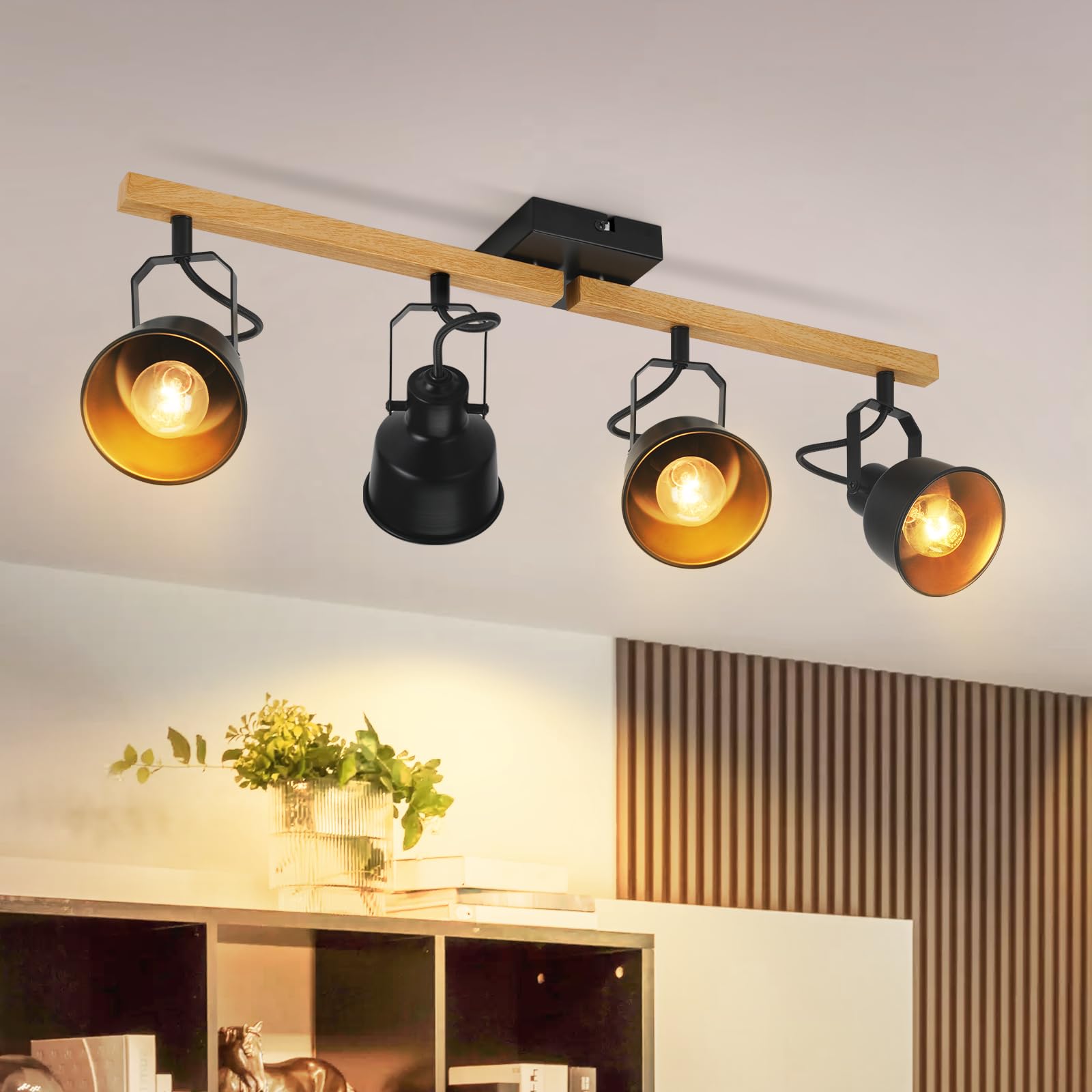 GBLY Deckenstrahler 4 Flammig Schwarz: Deckenlampe Vintage Schwenkbar 350° MAX.25W E14 Fassung Industrial Holzmaserung Spotbalken für Wohnzimmer Schlafzimmer Büro (ohne Leuchtmittel)