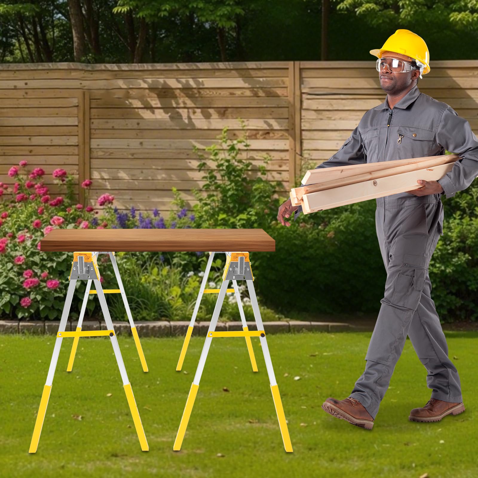 Juego de 2 caballetes de trabajo con altura ajustable, caballete plegable con capacidad de carga de 1200 kg, caballete de metal para almacenes, fábricas, jardines, zonas de madera (amarillo)