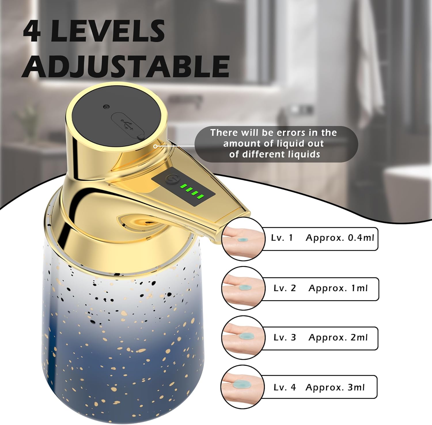 Adjustable Automatic Soap Dispenser Touchless, Ceramic Material,4 Adjustable Levels, Type-c Rechargeable Operated Sensor Liquid Soap Pump,Touch-Free Hand Sanitizer Dispenser (Starry Gold) - Image 4