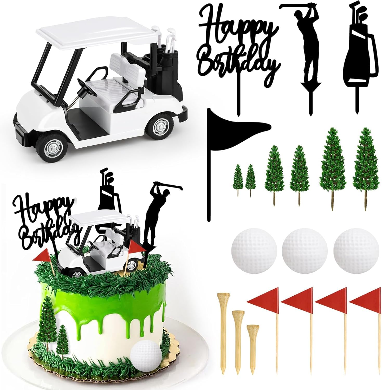21 Pieces Golf Cake Decorations With Mini Cart, Ball, Green Tree, Clubs, Red Flag Cupcake Toppers for Sports Theme Birthday Party Decor Supplies(Golf)