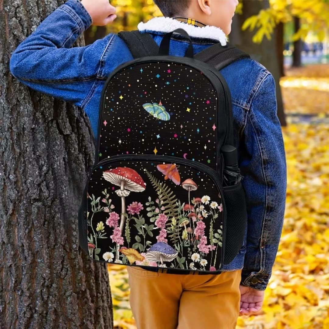 Pinupub Casual Daypack With Lunch Box Pen Bag Set Lightweight Practical 17 Inch School Backpack Mushroom Butterfly Print 3pcs Black