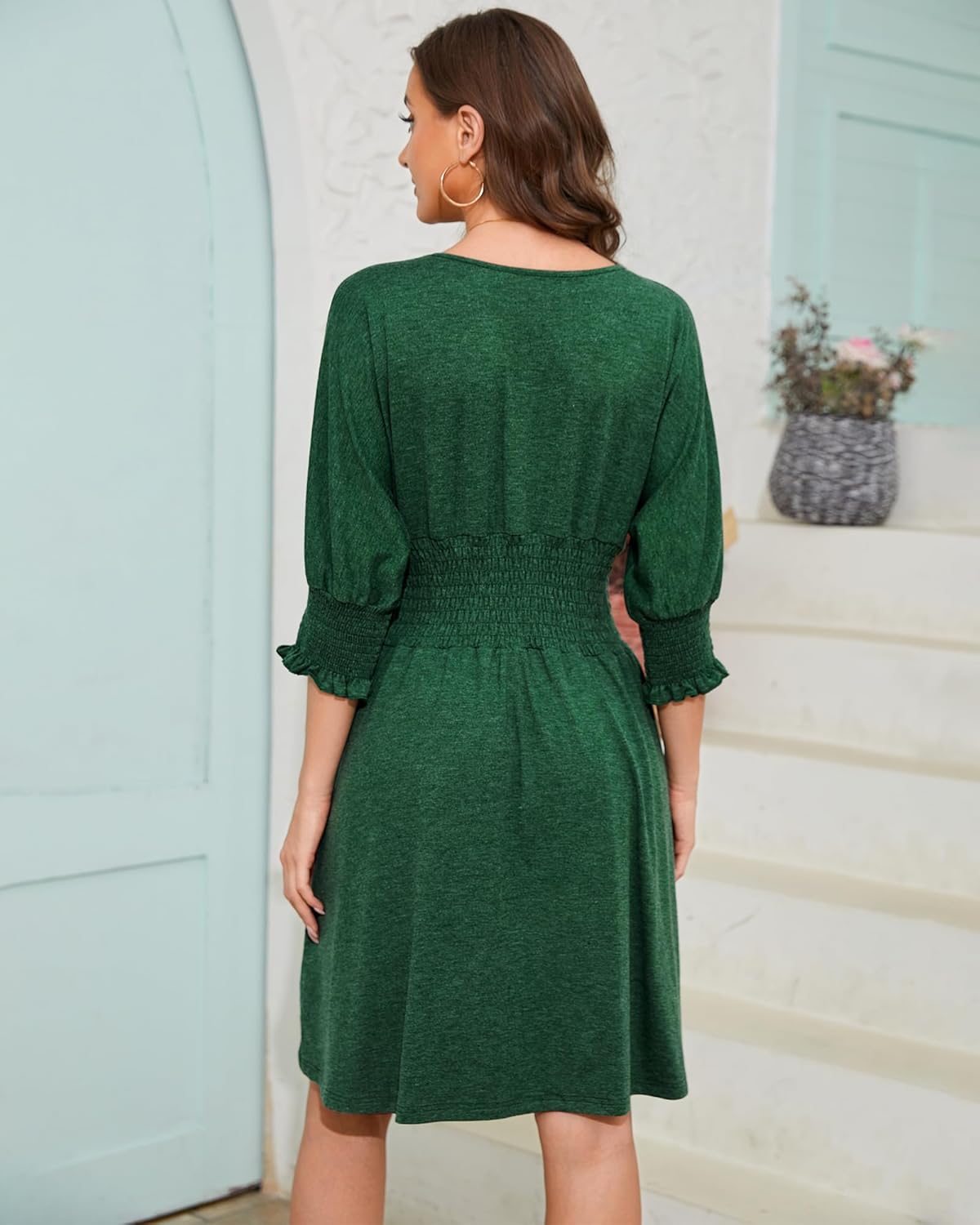 Summer Dresses for Women 2025 Casual 3/4 Sleeve Smocked Dress Crew Neck Elastic Waist A-Line Knee Length with Pocket - Image 4