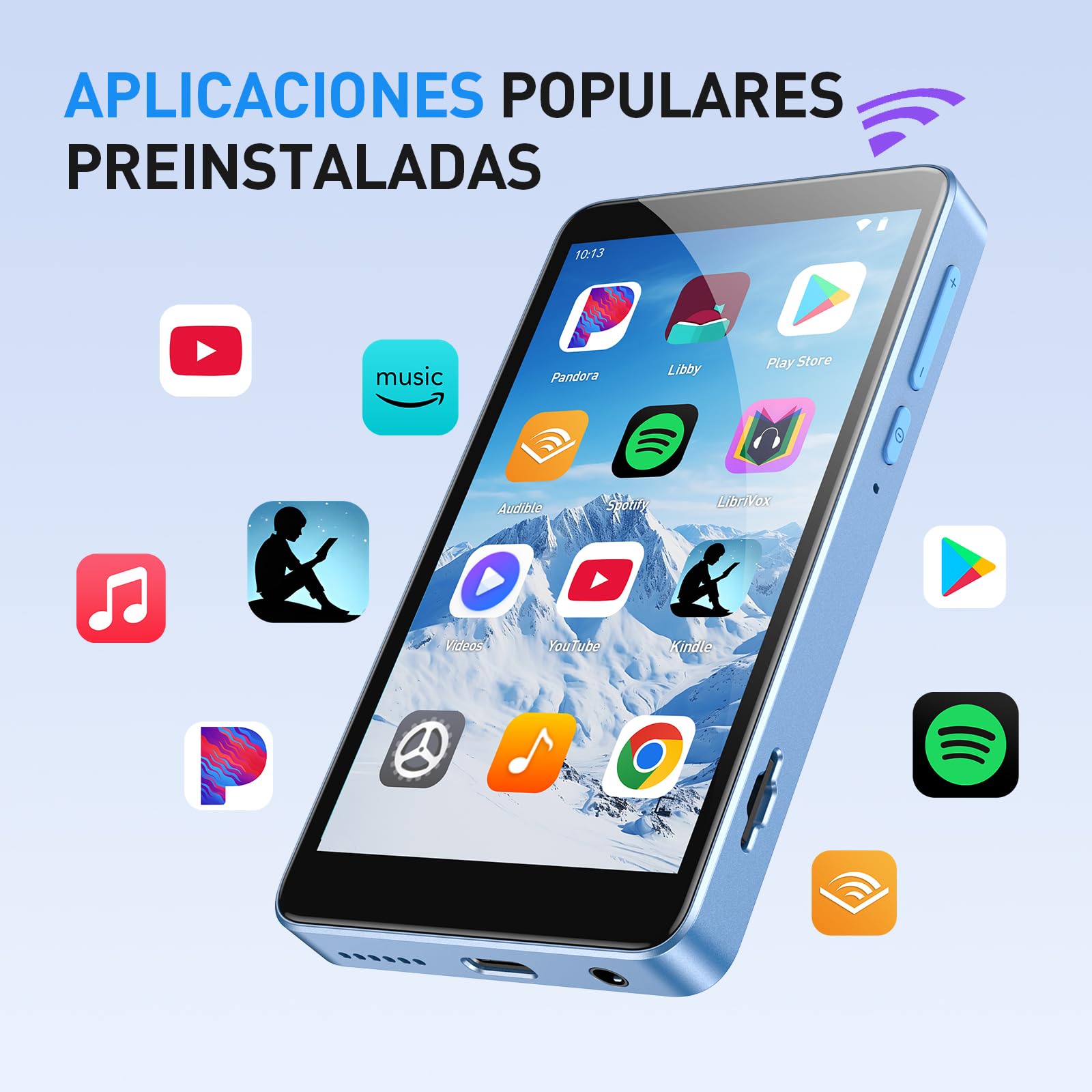 AGPTEK 96GB Reproductor MP4 Android 14, 4" MP3 WiFi Bluetooth Spotify Azul | Reproductor de Música MP3 Player con Spotify, Audible, App Store, Amazon Music, hasta 1 TB