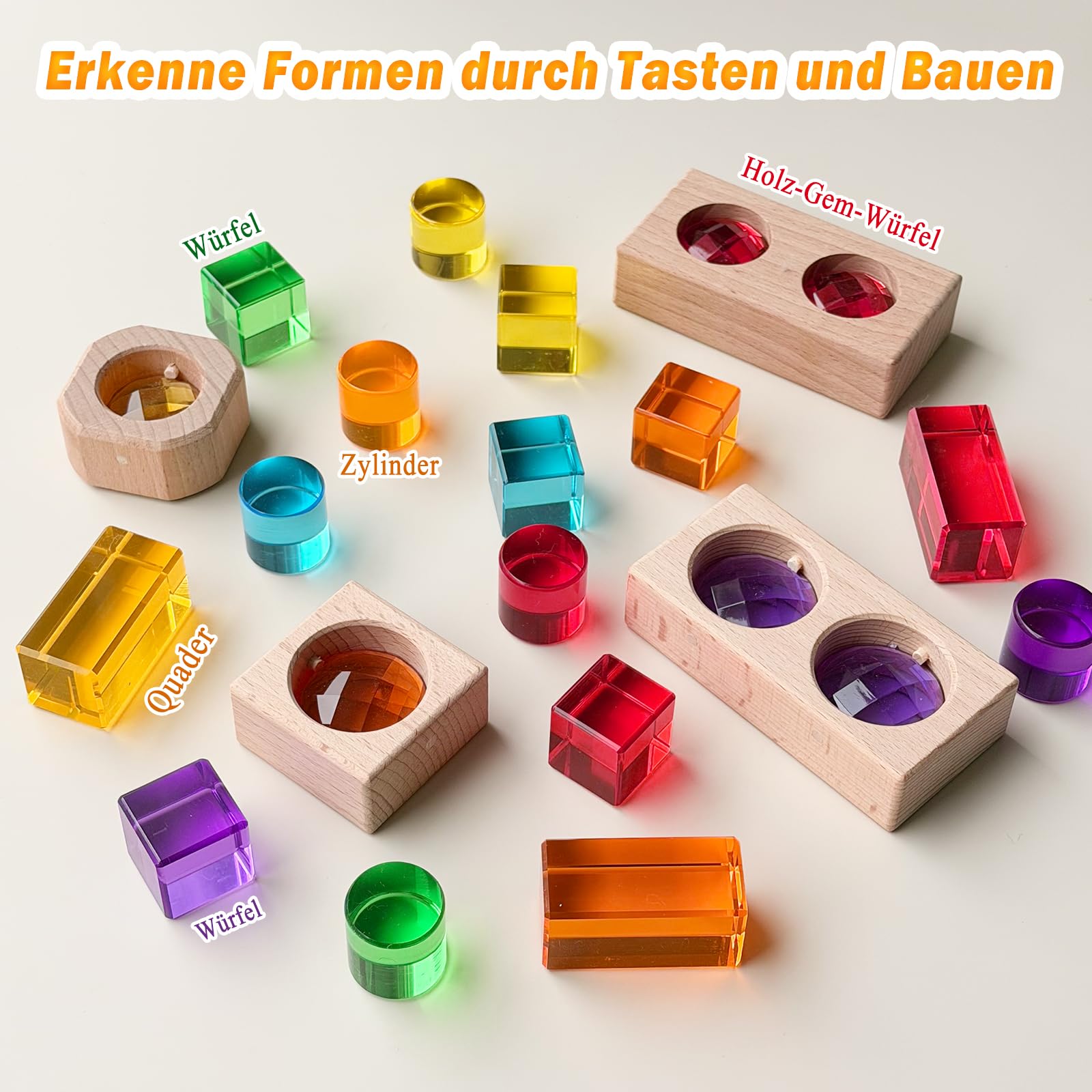 Acryl Bausteine Set, 19-teilig lichtbausteine, Stapelbar für Lichteffekte | Transparente Acryl Bausteine Würfel, Quader, Zylinder & Holz-Gem-Würfe, Sensorik Förderung bei Kindern (Rainbow)