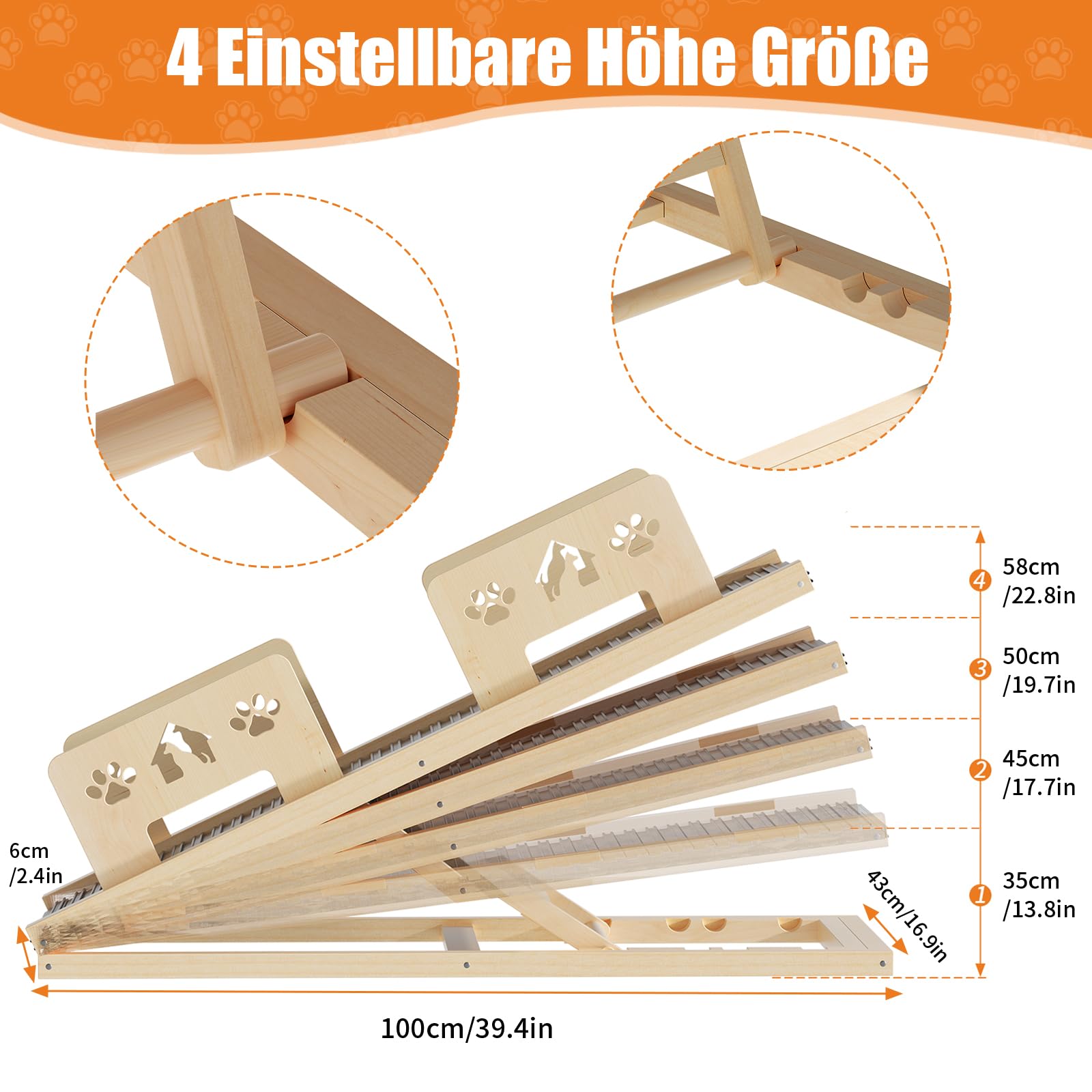 Rampa per cani da 100 cm, 4 livelli di altezza regolabile da 35 cm a 58 cm, rampa per cani in legno, pieghevole, per cani di taglia grande