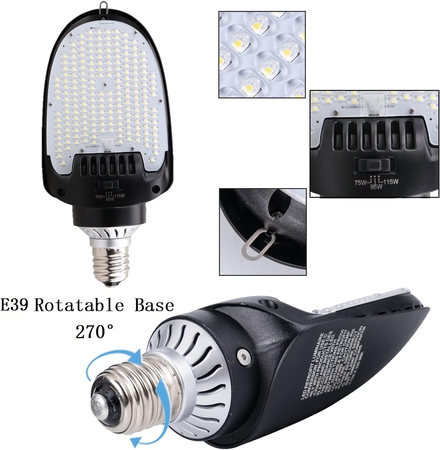 Adjustable 115W 95W 75W Bulb LED Shoebox Light Retrofit Kits 5000K E39 Rotatable Mogul Outdoor Security Corn Bulbs for Parking Lot, Canopy, Tennis Court Lighting, UL Listed (1 Pack)