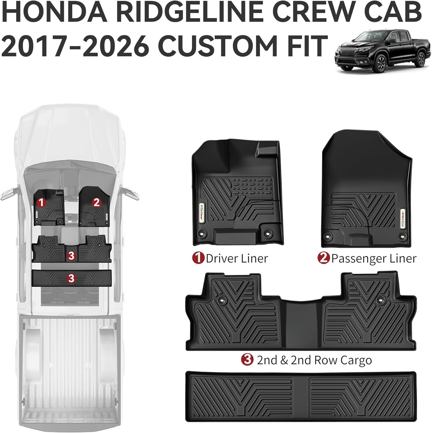YITAMOTOR Floor Mats for Honda Ridgeline Crew Cab 2017-2026, Custom Fit All Weather Anti-Slip TPE Rubber Mat, Super Duty Honda Accessories, Ridgeline Floor Liners Set, 1st, 2nd & 2nd Row Cargo, Black