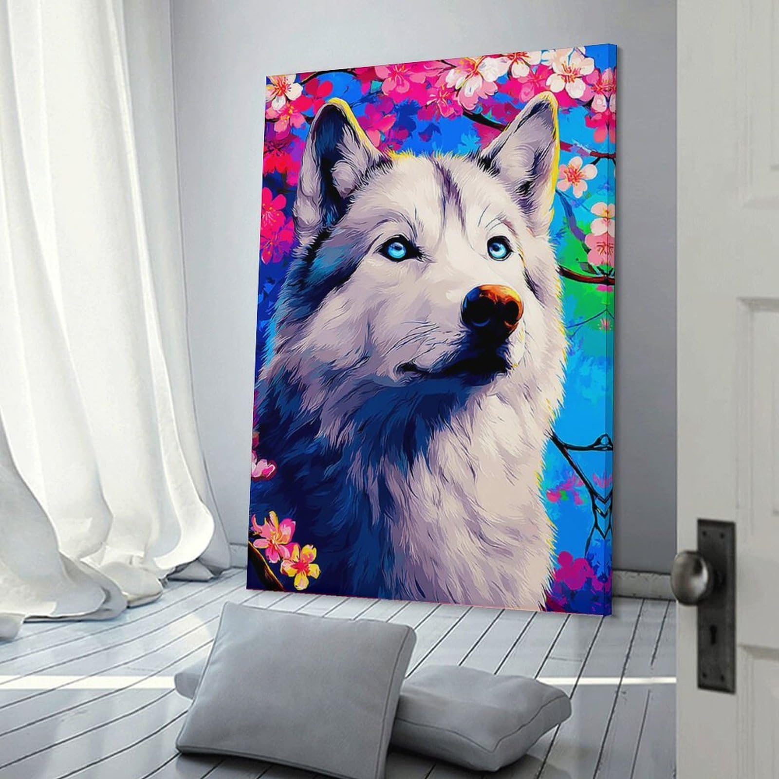 Junmoney Colorful Wolf with Blossoms Wall Art Print, 24x36inch(60x90cm), for Bedroom Walls, Guest Spaces Or Lounges, Home Artwork with A Soft Interior Feel