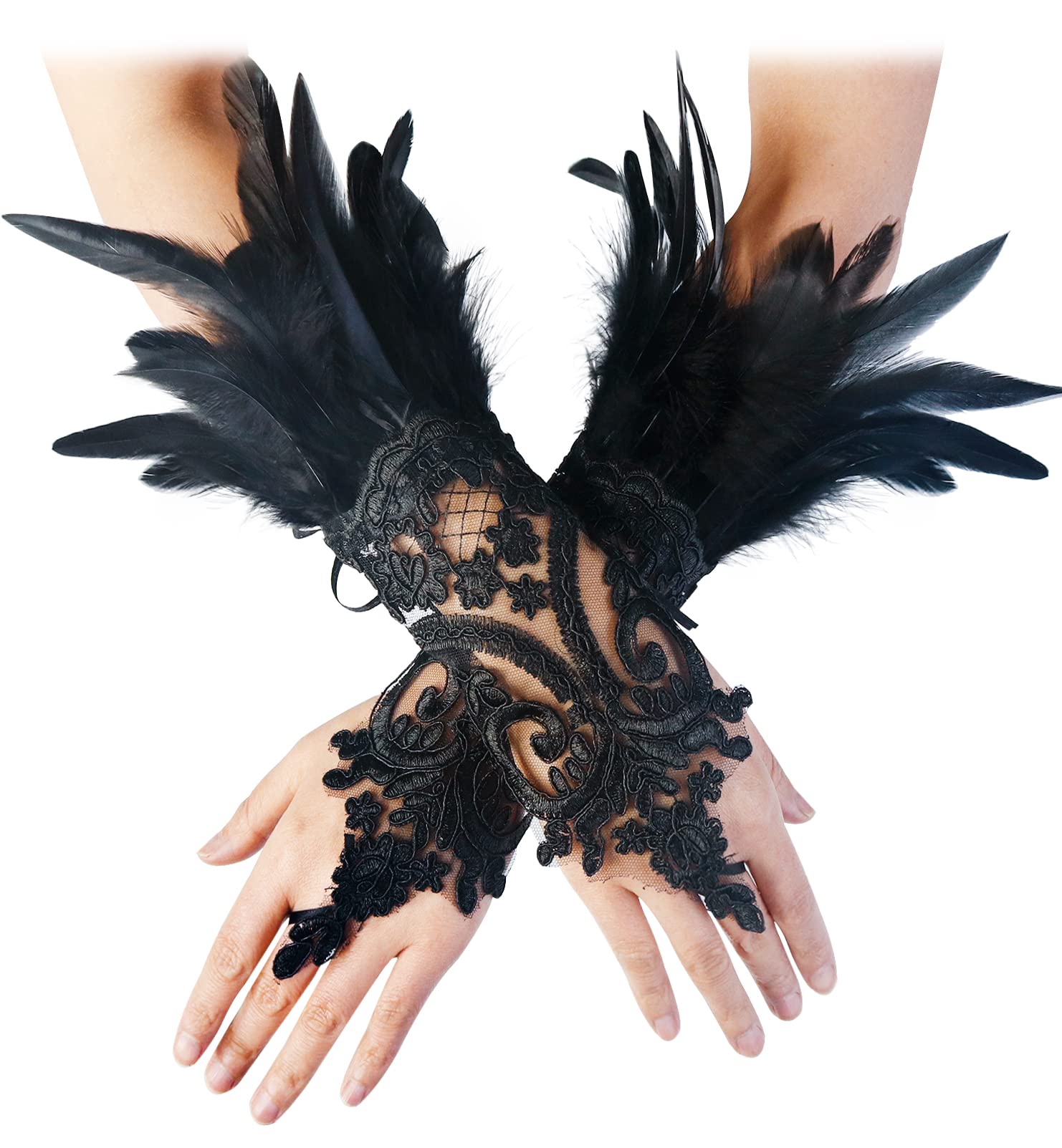 L'VOW2Pcs Gothic Black Lace Feather Long Gloves for Women Halloween Witch Costume Swan Wristband Cuff