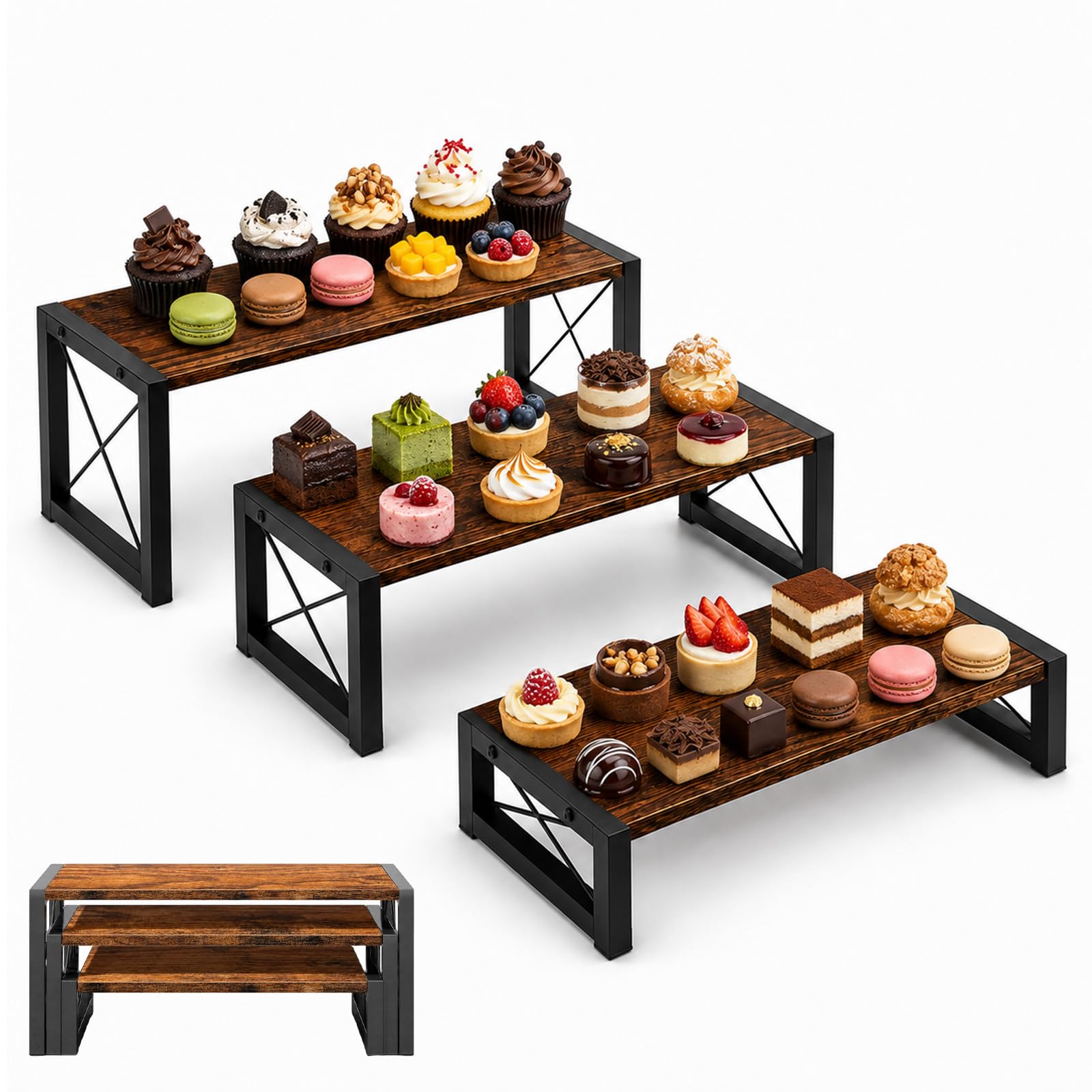 Wooden Display Stand Set of 3 Stackable Tiered Display Risers for Party