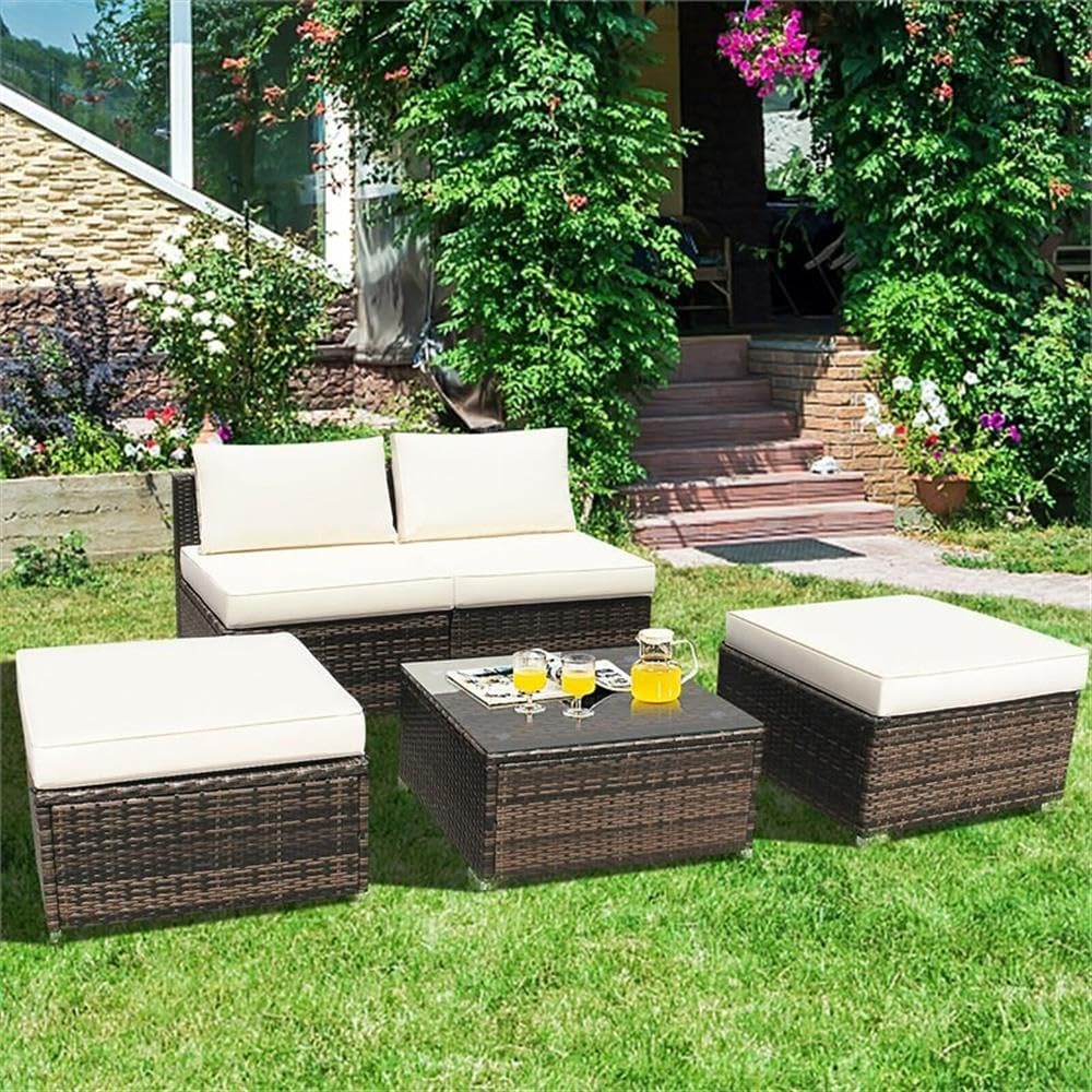 Pemberly Row 5-Piece Patio Sofa Set, Rattan and Steel Construction, Weather-Resistant, Cushioned White Finish, Includes Ottomans, Coffee Table with Tempered Glass, Versatile Outdoor Garden or Balcony