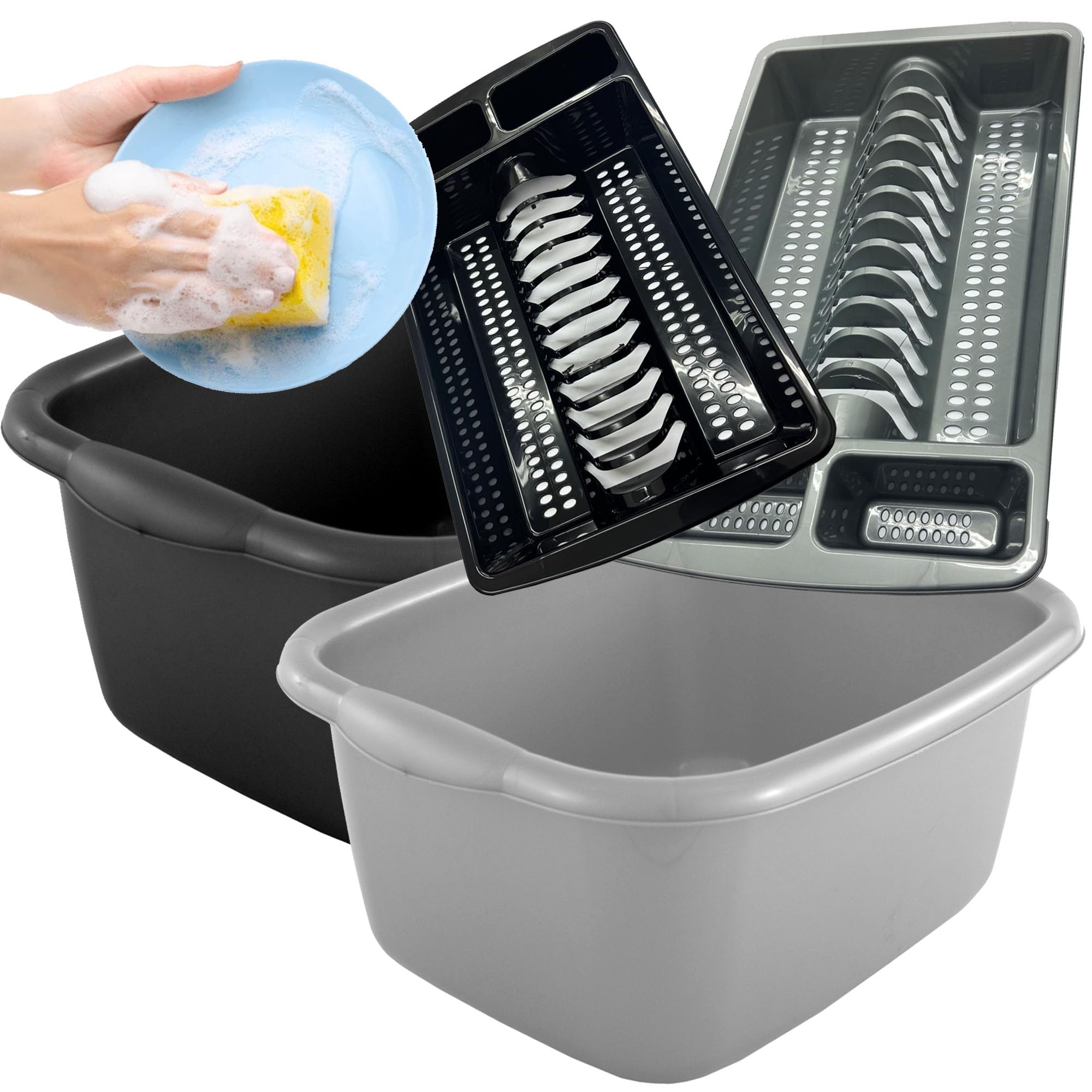 Rectangular Washing Up Bowl & Dish Drainer Rack Kitchen Sink Plate Holder (Black Washing Up Bowl & Black Dish Drainer Rack)