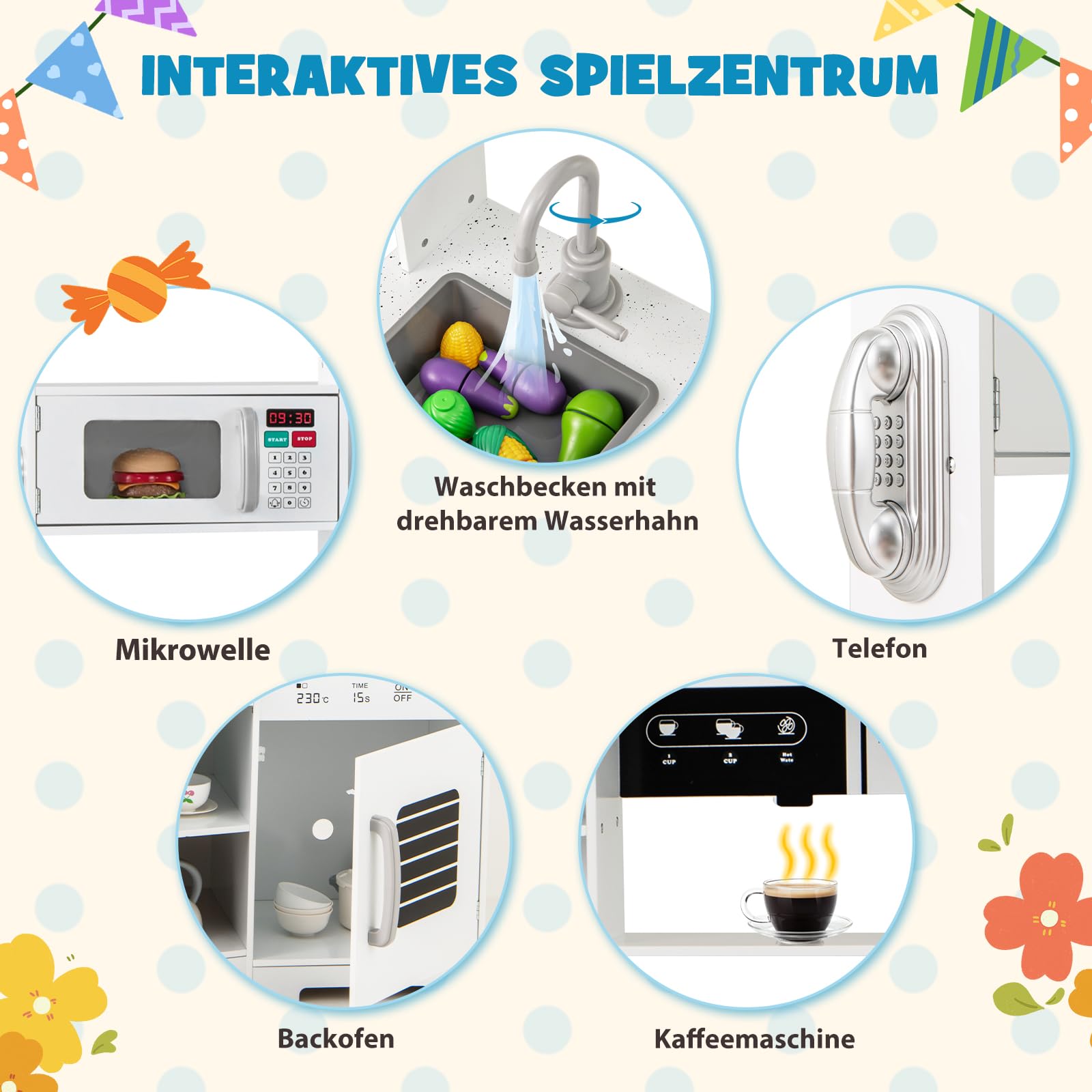 GOPLUS Kinderküche Holz, Spielküche Kinder mit Licht und Sound, Spielzeugküche mit Zubehör, Dunstabzugshaube, Eismaschine, Spüle, Mikrowelle & Ofen, Kinderspielküche für Kinder ab 3 Jahren (Weiß)