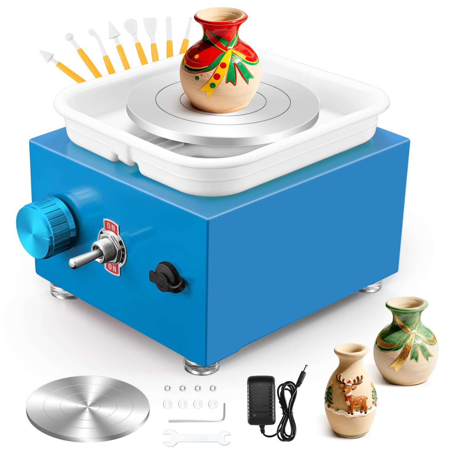 Torno Alfarero,Torno Ceramica 2000 RPM de Velocidad Ajustable,Torno de Alfarero con Placas de 10/6,5 cm,Kit Ceramica para Niños y Adultos（Azul）