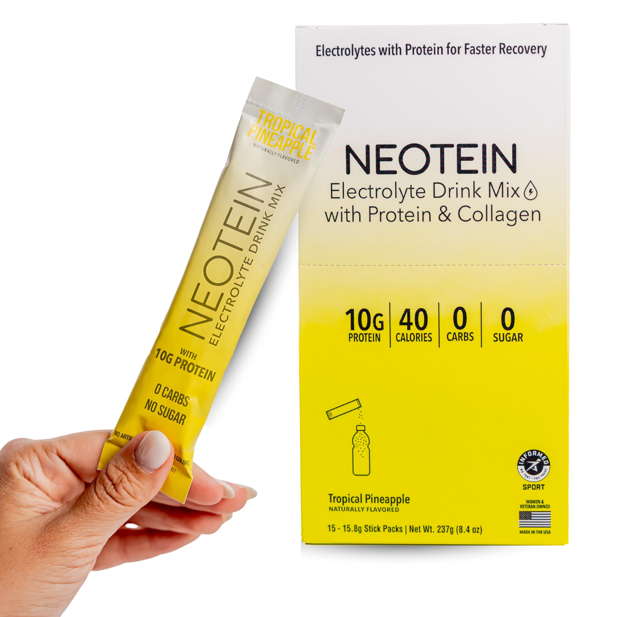 NEOTEIN: Sobres de electrolitos en polvo con 10 g de proteína y colágeno - Sobres de hidratación - Sin azúcar, sin rellenos, sin carbohidratos | Piña tropical | 40 calorías | Keto y paleo | Paquete de 15