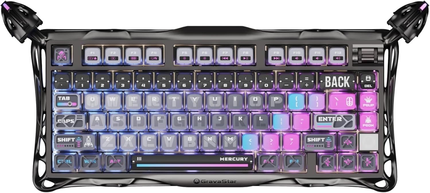 GravaStar Mercury K1 Pro Wireless Mechanical Gaming Keyboard, 75% Layout RGB Custom Keyboard, Electroplated Glossy Frame, Hot-Swappable Linear Switches – Cyberpunk Edition
