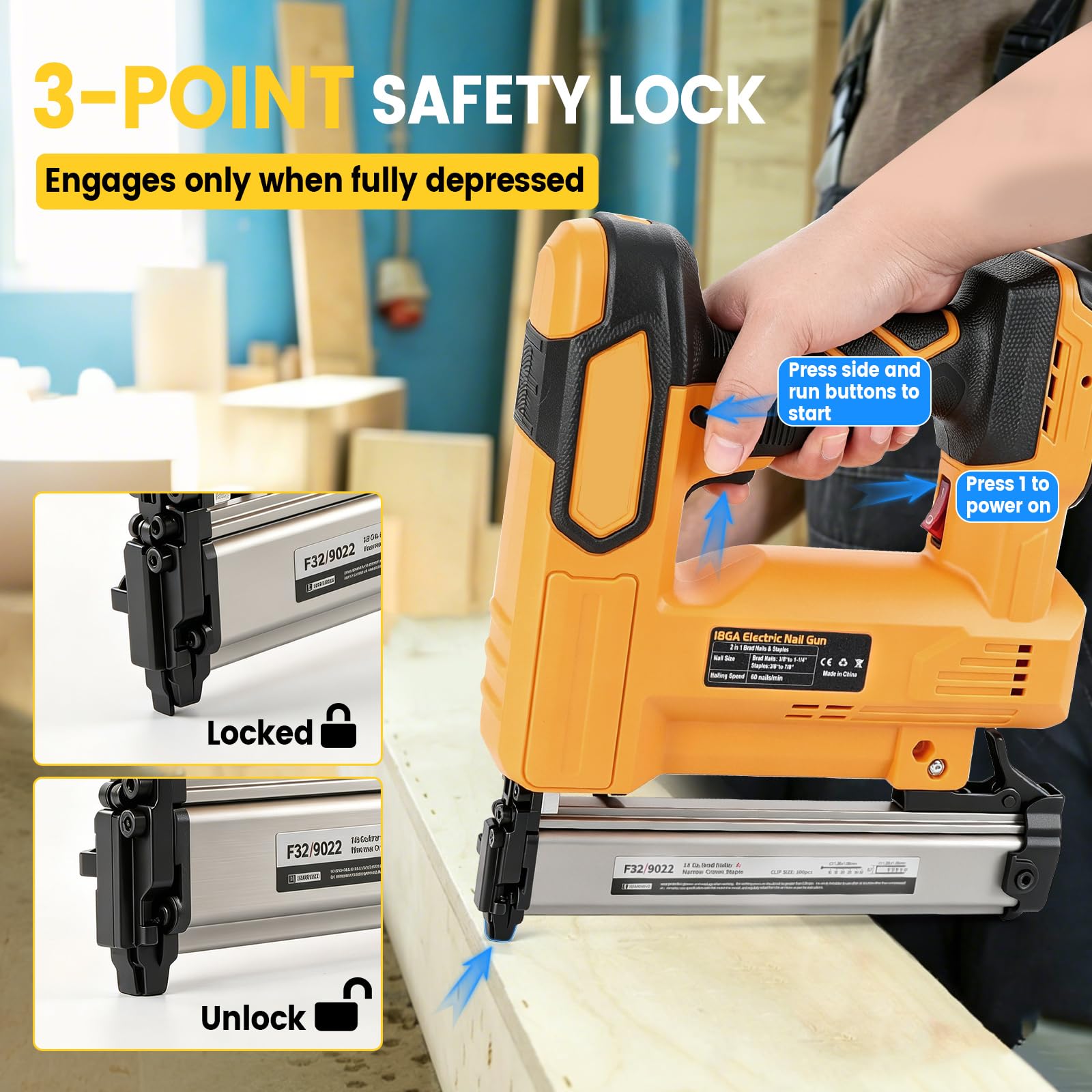 Clavadora inalámbrica para Dewalt 18 V 20 V, 2 en 1, grapadora eléctrica, pistola grapadora de uñas de 18 GA con 1000 clavos, 1000 grapas para proyectos de carpintería, tapicería, bricolaje (amarillo