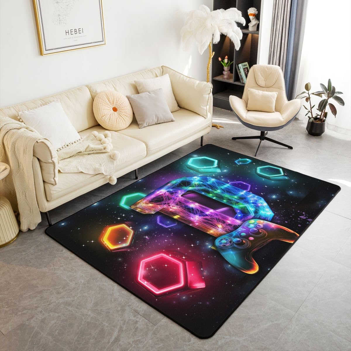Galaxy Gaming 3 x 5 Area Rug Rainbow Alphabet Rugs for Living Room Neon Video Game Monogram Letter D Washable Rug, Glowing Hexagon Aesthetic Low Pile Carpet Indoor Floor Mat