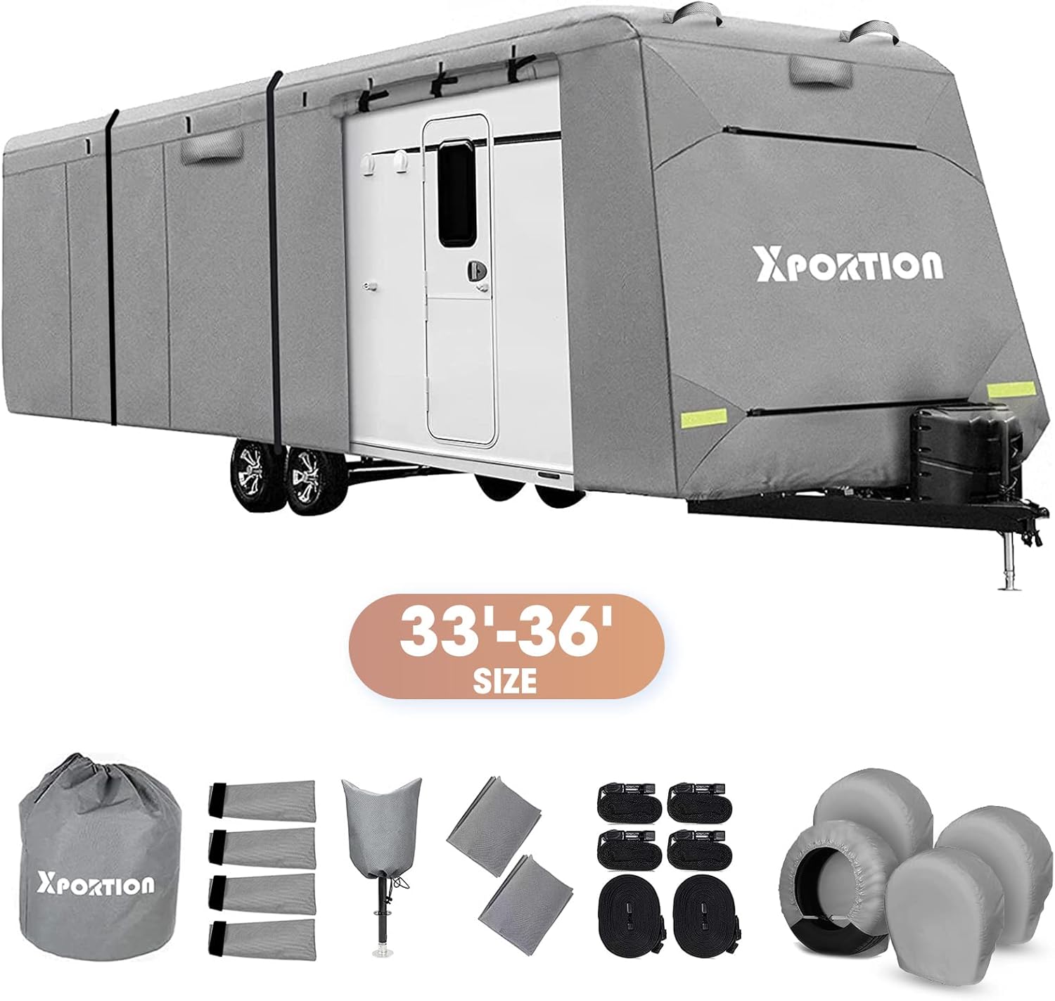 Exсluѕіvе Dіѕсоunt 70% Prісе  XPORTION Upgraded Travel Trailer Camper Cover, Windproof RV Cover, Fits 33' - 36' Travel Trailer Cover, 4-Layer Camper Cover with 2 Long Straps and 2 Patches