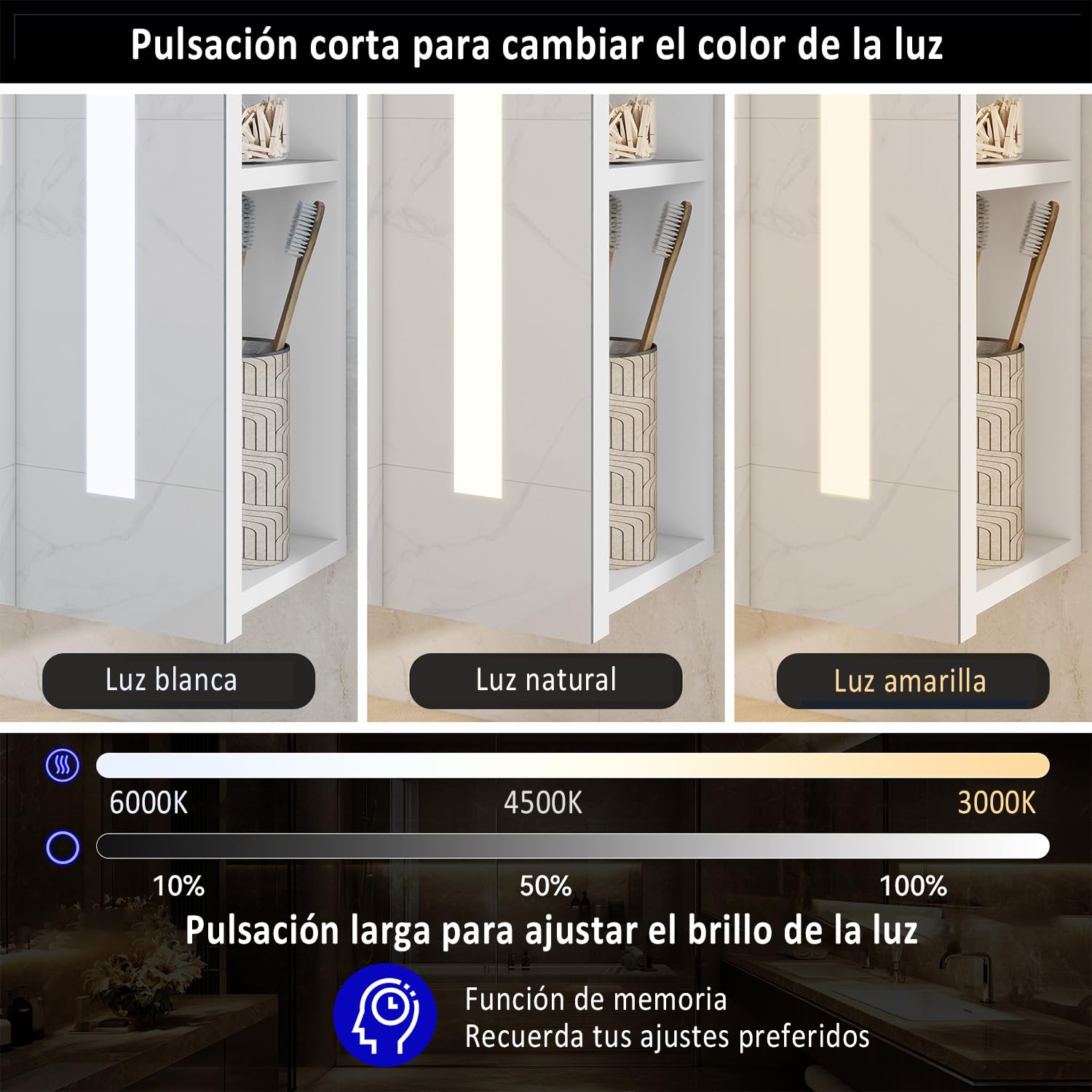 YU YUSING Mueble de Baño de Pared, Armario con Espejo y Estantes | Espejo LED 70 x 16 x 70 cm y Puertas Ajustables, Antivaho, Regulable en 3 Colores, Madera MDF, Blanco