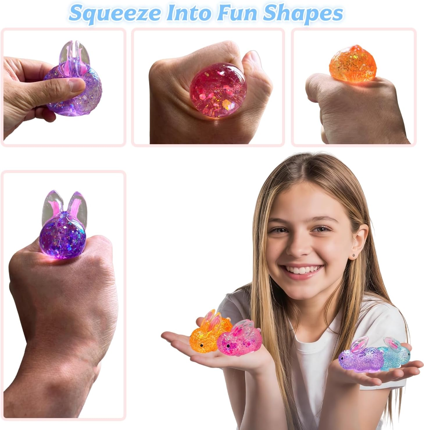 4Pcs Sugar Stress Ball Fidget Toys, Cute Bunnies Sugar Stress Ball, Super Soft Animal Squeeze Toys, Glitter Rabbit Squishies for Anxiety Relief