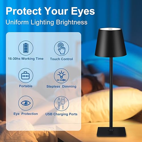 Miniatura 4 de Aiwewin Paquete de 2 lámparas de mesa inalámbricas, lámpara LED portátil de escritorio, funciona con pilas, luz de mesa de 5000 mAh, 3 colores de