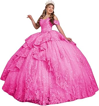 Mouccy Cute 3D Flowers Appliques Quinceanera Dress Beaded Ruffles 16 Dress