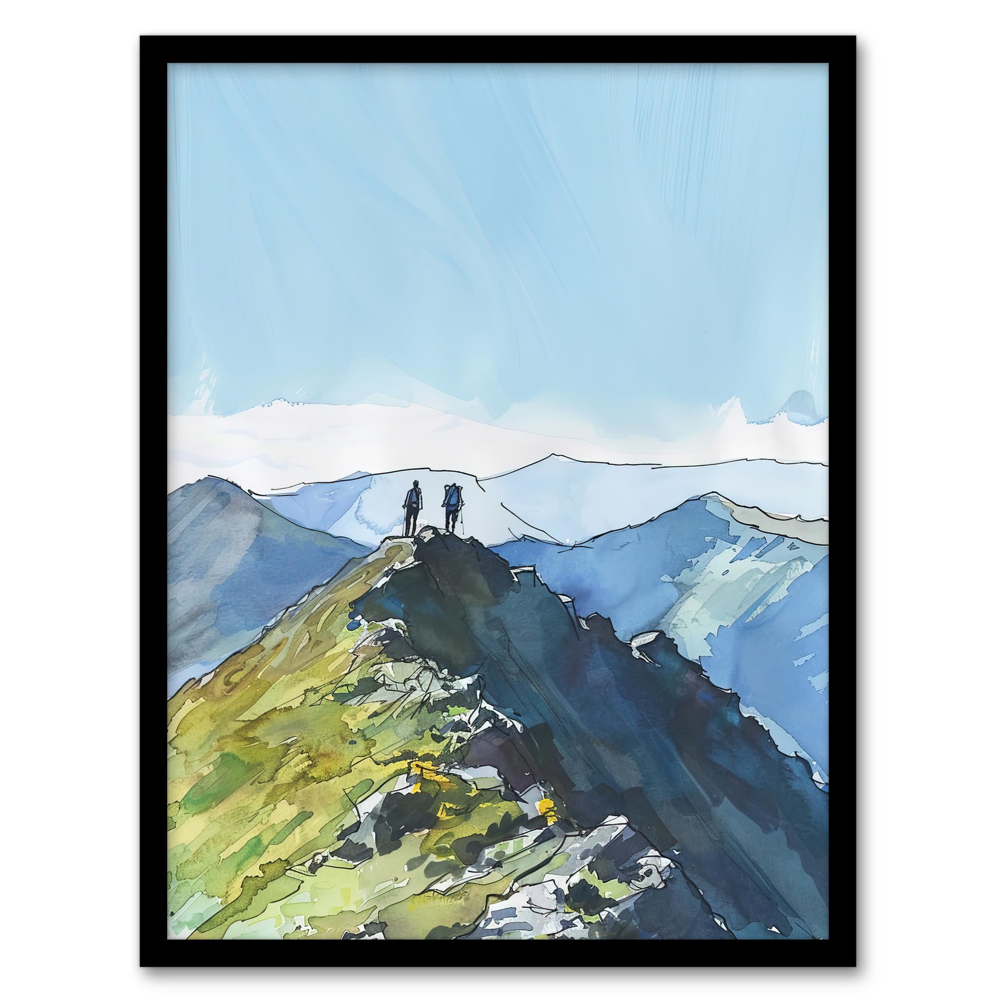 Artery8 Framed Wall Art - Hikers on Helvellyn Mountain Ridge Landscape - Blue - A4 - New