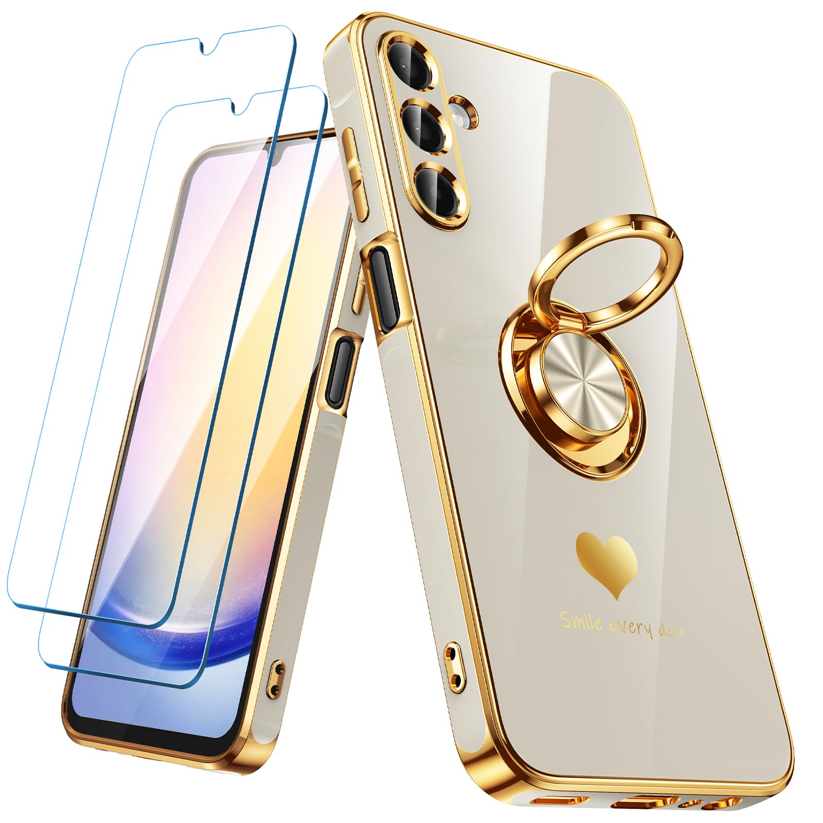 Nonional for Samsung Galaxy A25 5G Case with 2 Pack Screen Protector, 360° Rotatable Ring Holder [Luxury Hearts Pattern] Plating Gold Edge Slim Soft